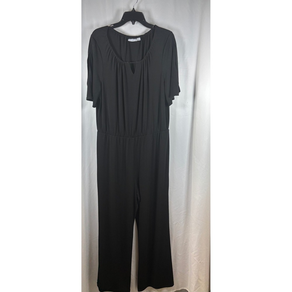 Susan Graver Black Liquid Knit Short Split Sleeve Wide Leg Jumpsuit Womens L